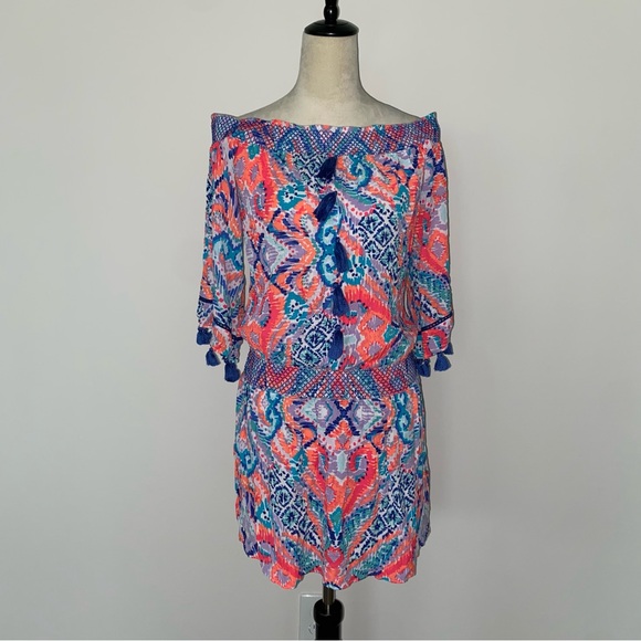 Lilly Pulitzer Joelle Dress Off Shoulder Crepe Multi Smocked Tassel M Beach - Picture 2 of 12